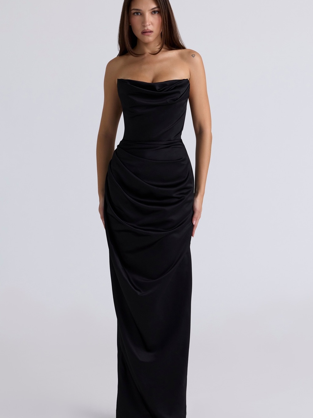 House of CB Adrienne Black Satin Strapless Corset Maxi Dress – Size Small